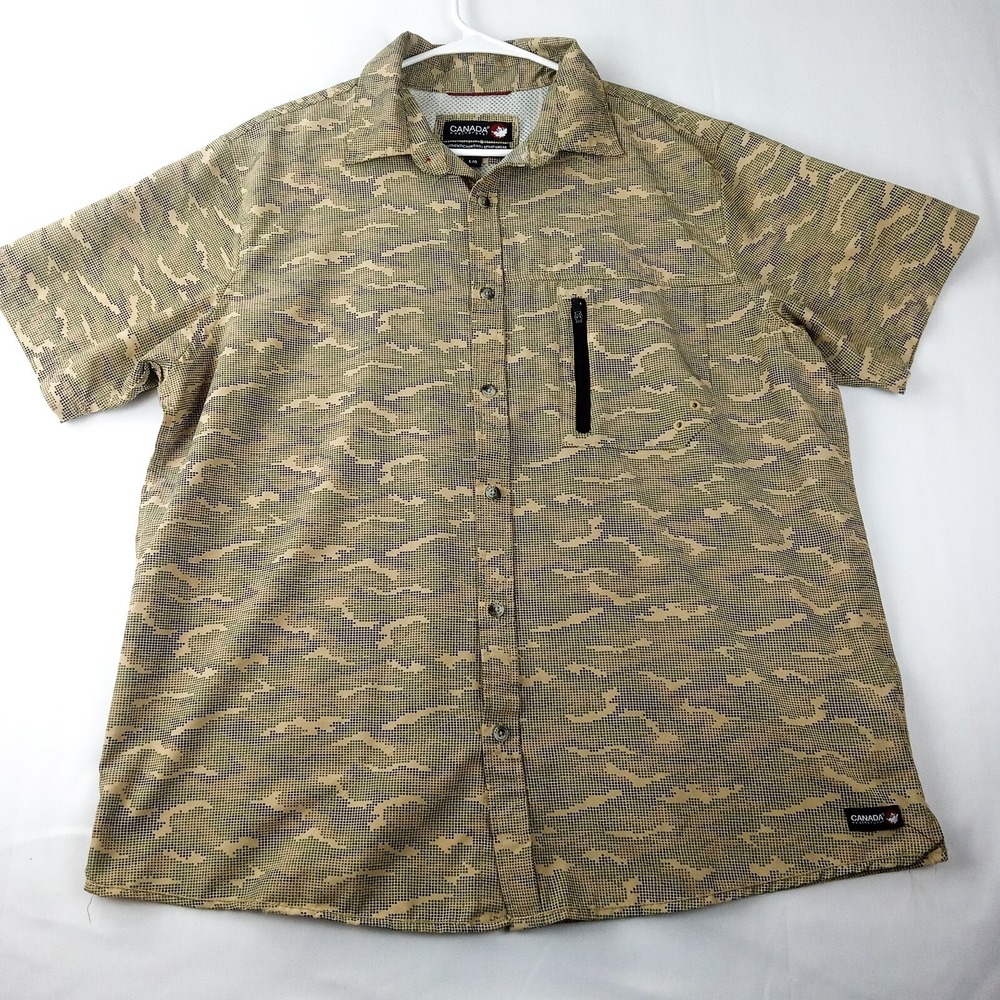 Canada Weather Gear Shirt Mens Large Camo Fishing Outdoor Vented Button Shirt